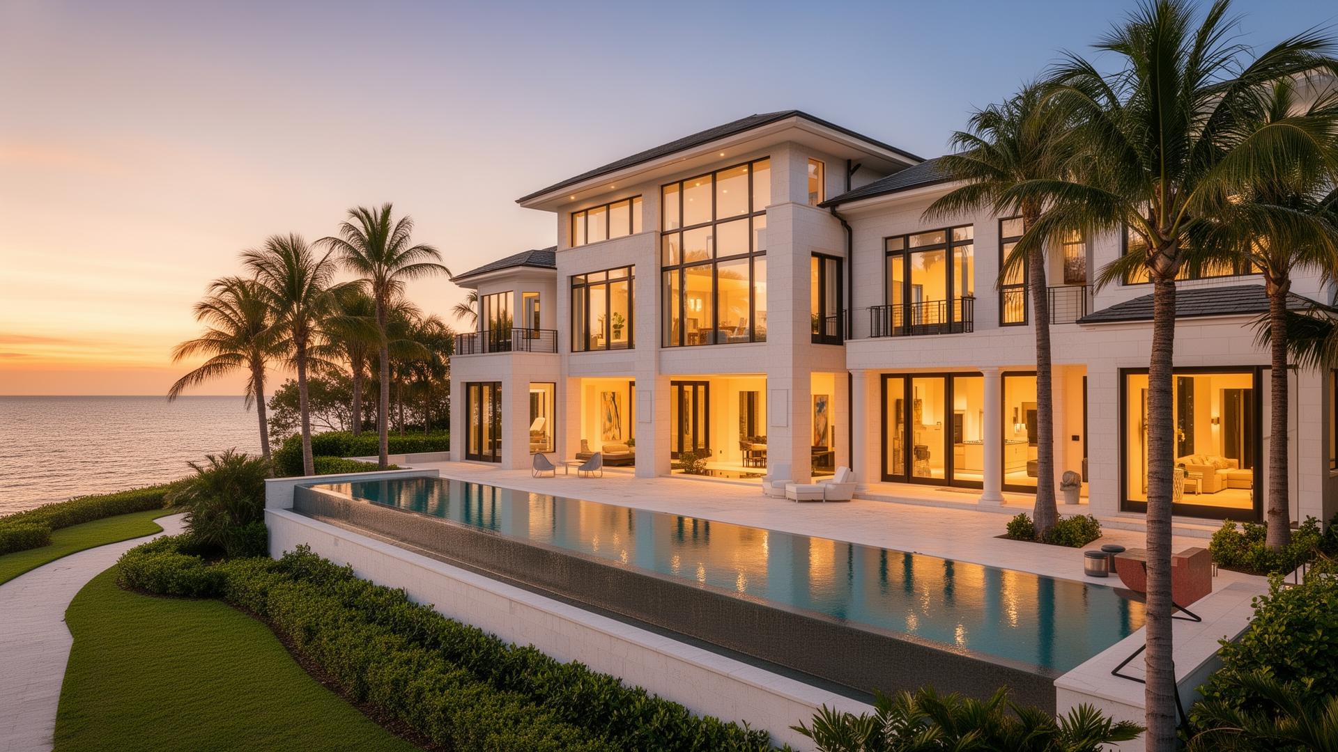 Custom luxury coastal home with pool at dusk